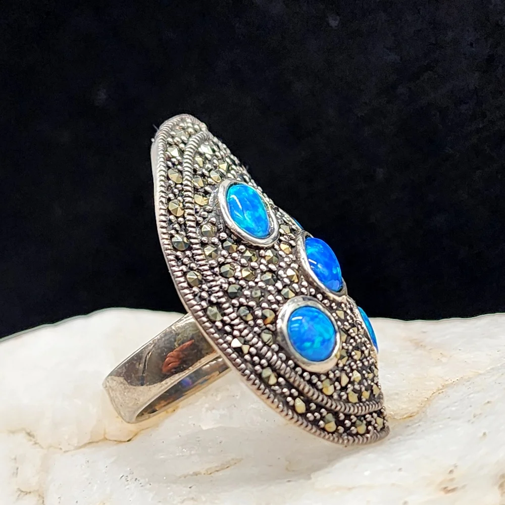 Silver Ring 925 Designer Ring Nlue Opal Stones Swiss Marcasite Mineral Crystals
